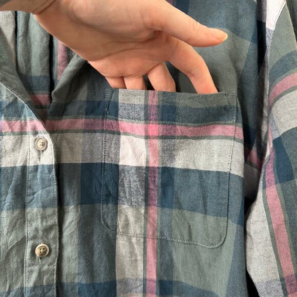 Tall 2XL Eddie Bauer Plaid Flannel Button Up Shirt Green Pink Cotton Boyfriend - Picture 2 of 6